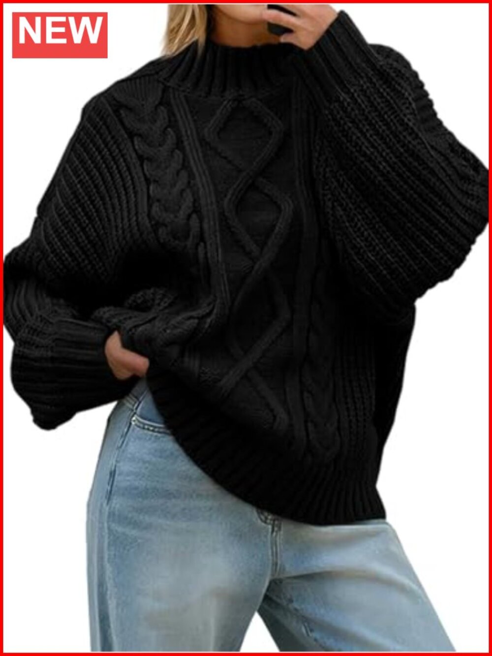 Women's Oversized Cable Knit Chunky Pullover Sweater Mock Neck